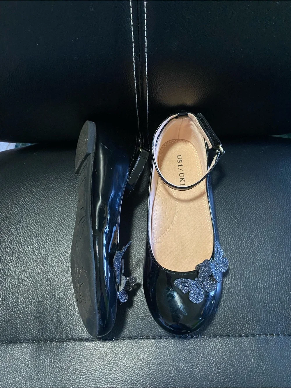 Girls Classic Black Patent Mary Jane Shoes Glitter Butterflies Size 1 US 13 UK